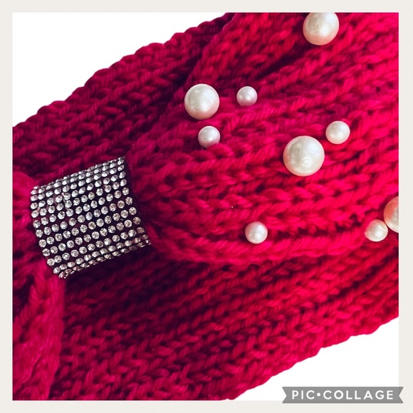 NWT HP Cranberry Red Pearl Rhinestone Knitted Winter Headband - Picture 5 of 6